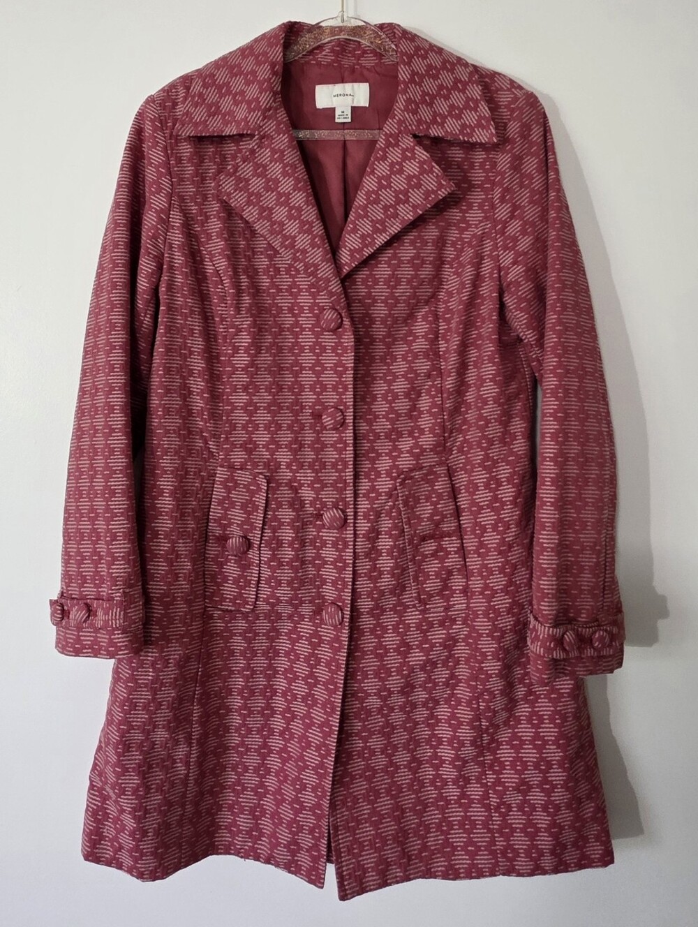 Merona Pink Geometric Cotton Trench Pea Coat Mod 60s Retro Academia Fun Medium